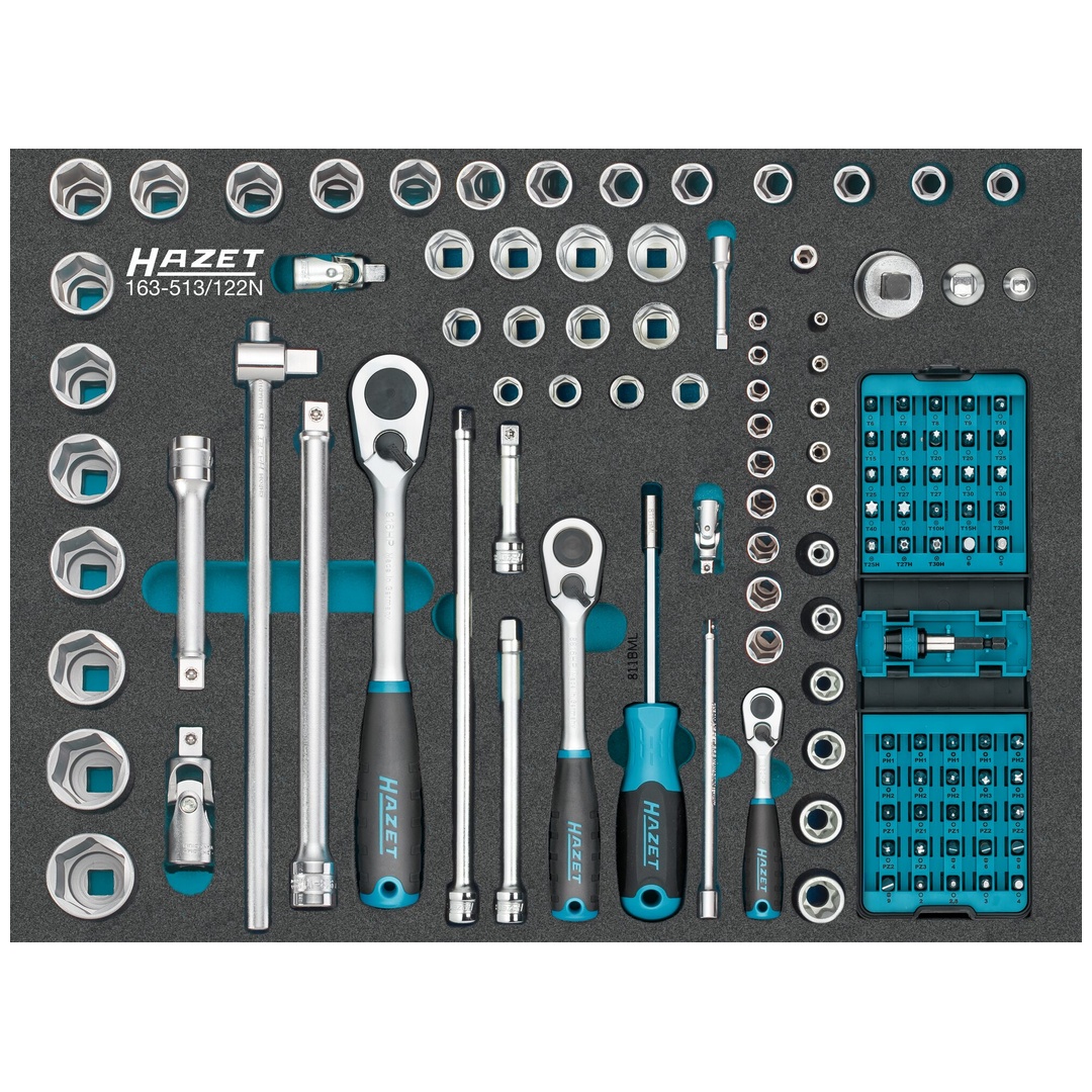 Hazet Steckschlüssel Satz 1/4 (6,3 mm) Vierkant hohl, 3/8 (10 mm) Vierkant hohl, 1/2 (12,5 mm) Vierkant hohl, 1/4 (6,3 mm) Sechskant massiv, 122-t