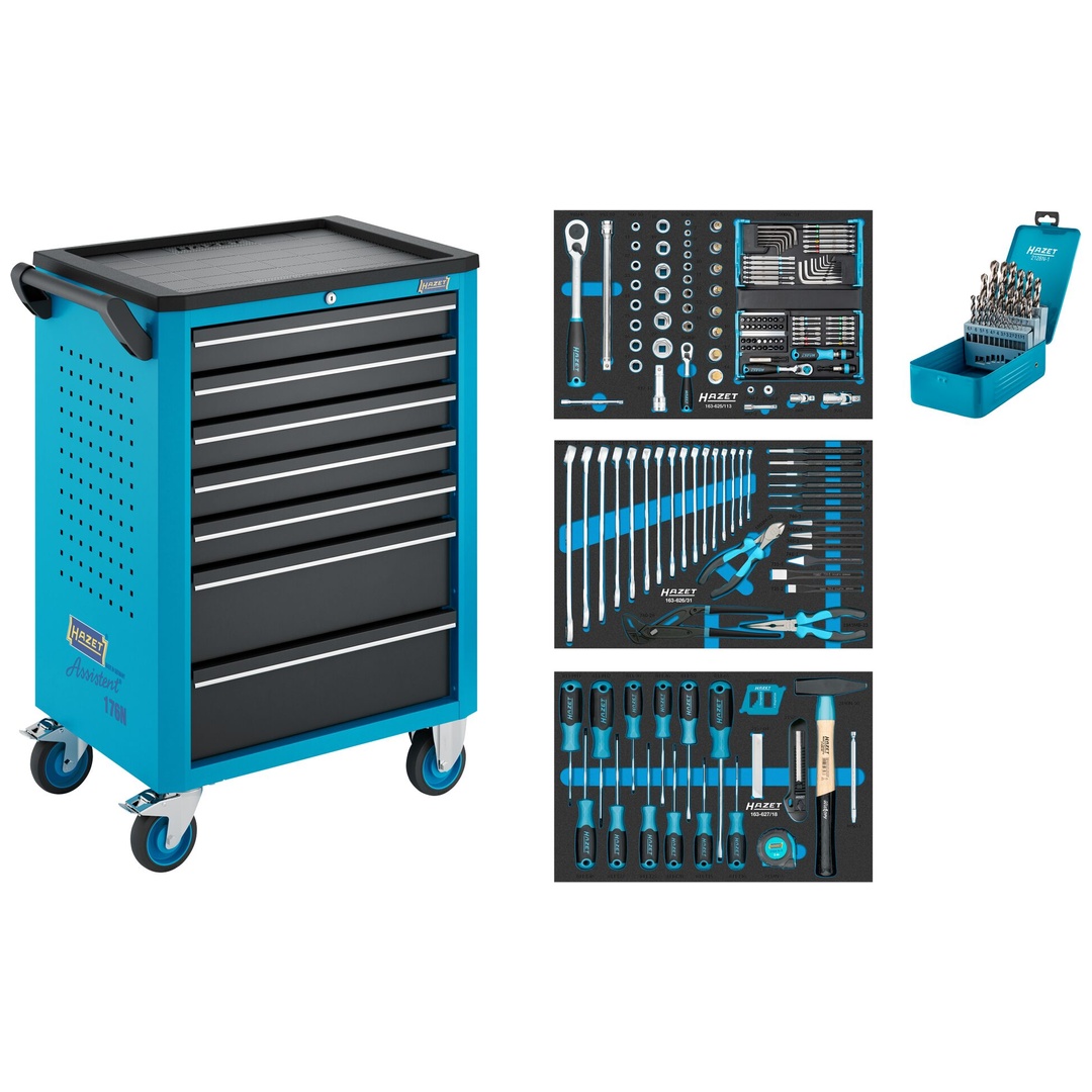 Hazet Werkstattwagen Assistent 176N-7, Sortiment, 187-tlg., Schubladen, flach: 5× 81 x 522 x 348 mm, Schubladen, hoch: 2× 166 x 522 x 348 mm