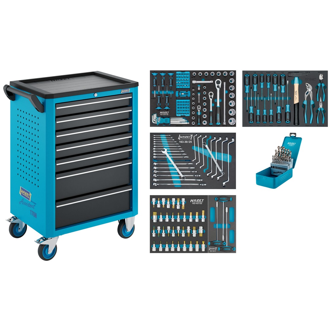 Hazet Werkstattwagen Assistent 176N-7, Sortiment, 204-tlg., Schubladen, flach: 5× 81 x 522 x 348 mm, Schubladen, hoch: 2× 166 x 522 x 348 mm