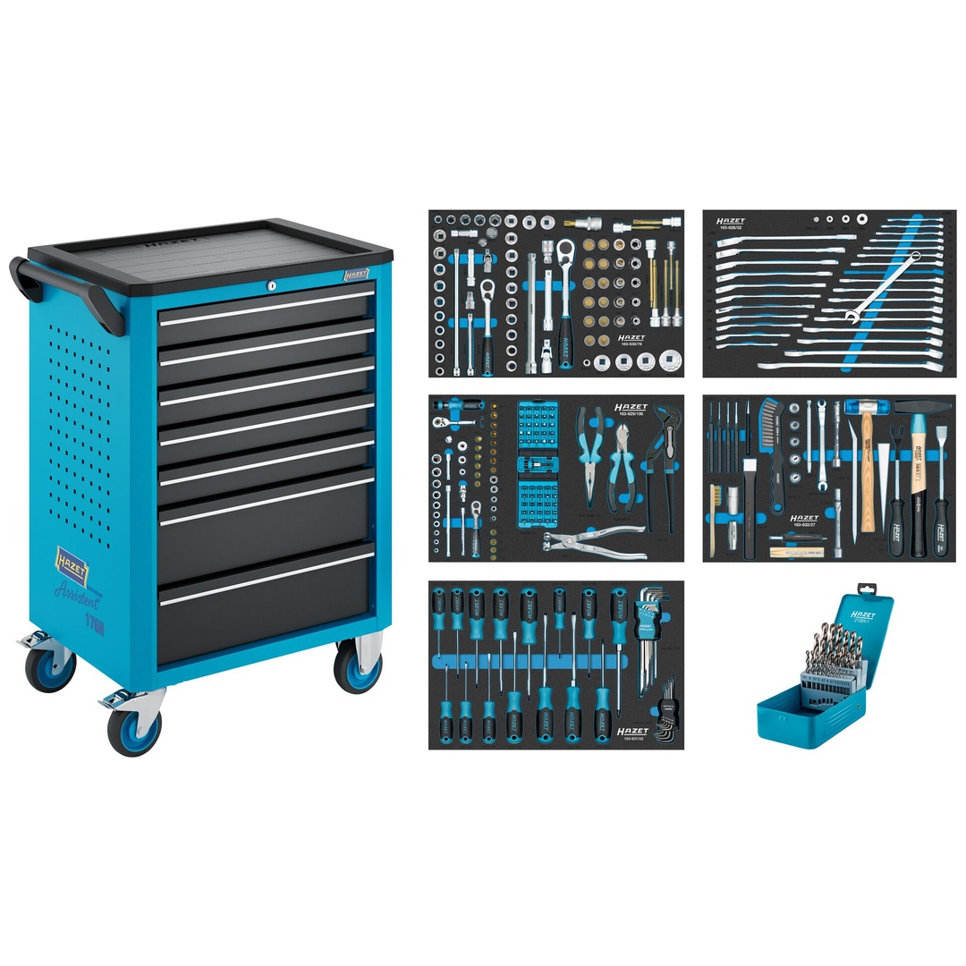 Hazet Werkstattwagen Assistent 176N-7, Sortiment, 292-tlg., Schubladen, flach: 5× 81 x 522 x 348 mm, Schubladen, hoch: 2× 166 x 522 x 348 mm