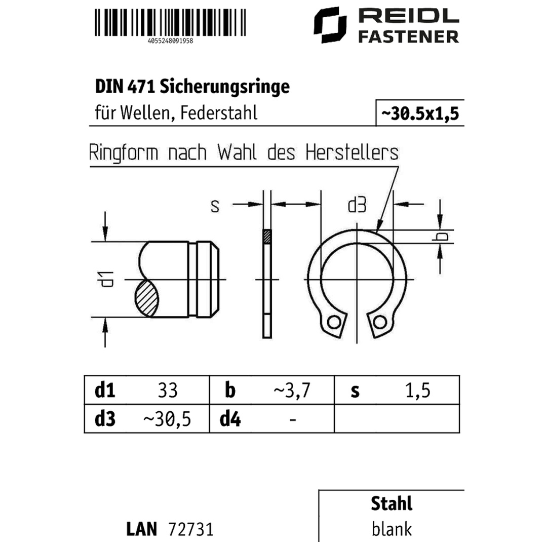 Innensicherungsringe 33 Mm – 2 Stück, Carbon Federstahl, DIN 472
