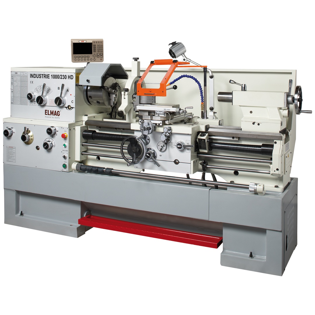 ELMAG Universal-Drehmaschine INDUSTRIE 1000/230 HD, inkl. RÖHM-Drehfutter inkl. 3-Achs-Positionsanzeige inkl. Schnellwechsel-Stahlhalter Set, System