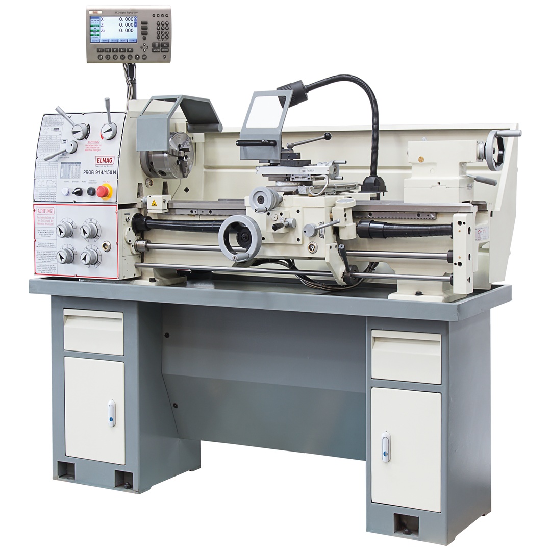 ELMAG Universal-Drehmaschine PROFI 914/150 N inkl. 3-Achs-Positionsanzeige SINO, inkl. RÖHM-Drehfutter inkl. Schnellwechsel-Stahlhalter Set, Syste