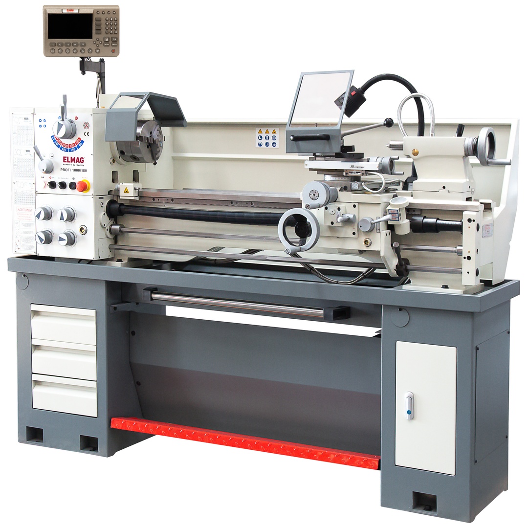 ELMAG Universal-Drehmaschine PROFI 1000/180 N inkl. 3-Achs-Positionsanzeige SINO, inkl. RÖHM-Drehfutter inkl. Schnellwechsel-Stahlhalter Set, Syst