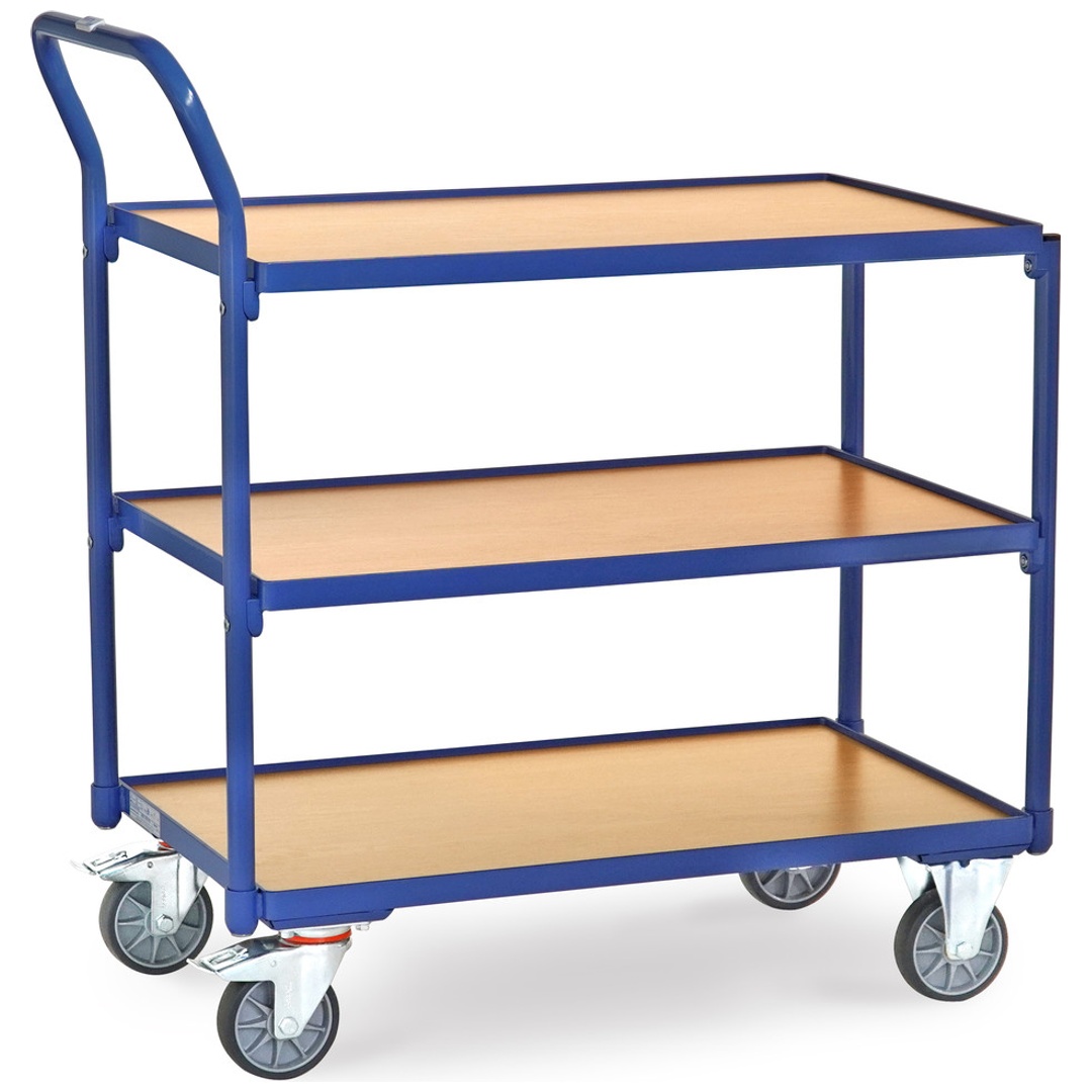 fetra Tischwagen, 3 Holz-Plattformen, Ladefläche 850 x 500 mm, mit Rand 12 mm, Schiebegriff hochstehend
