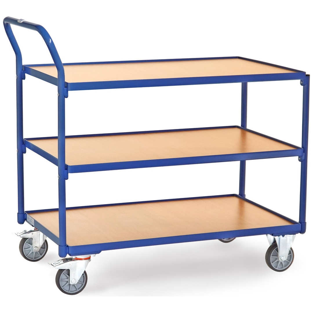 fetra Tischwagen, 3 Holz-Plattformen, Ladefläche 1000 x 600 mm, Schiebegriff hochstehend