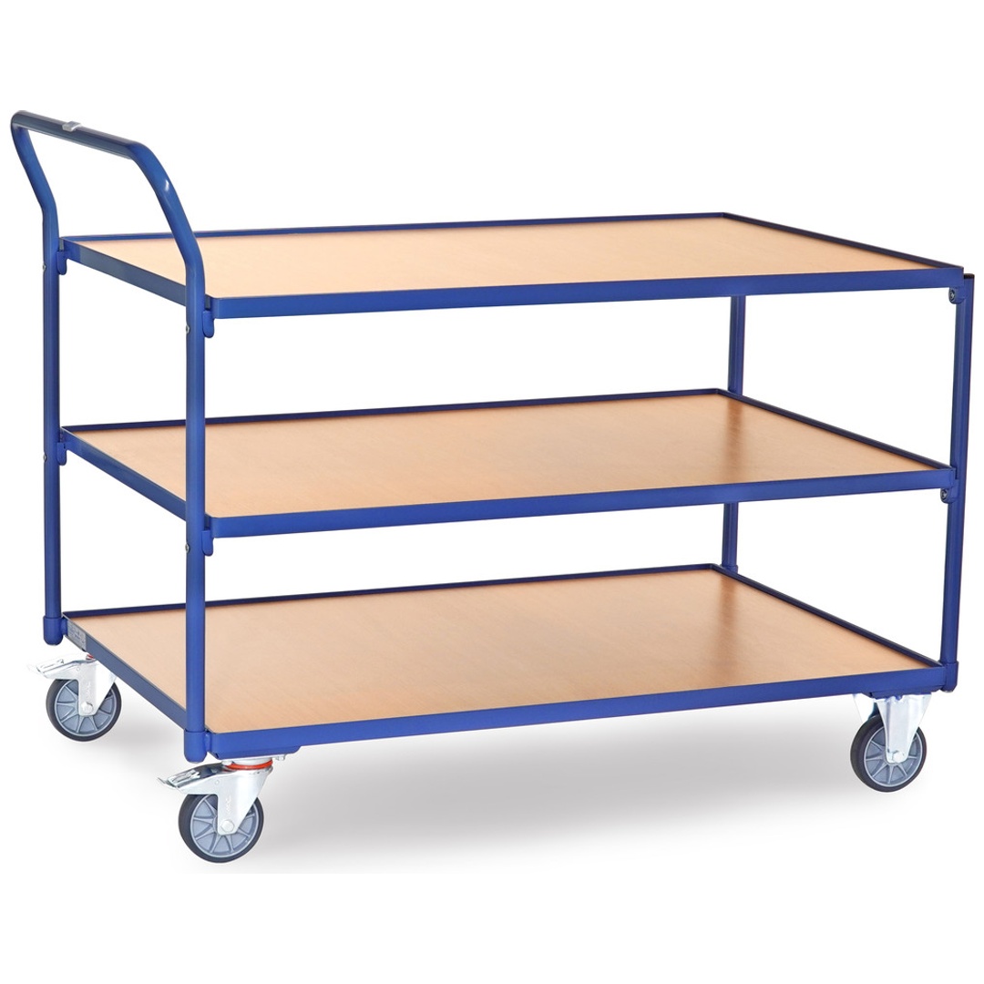 fetra Tischwagen, 3 Holz-Plattformen, Ladefläche 1200 x 800 mm, mit Rand, Schiebegriff hochstehend
