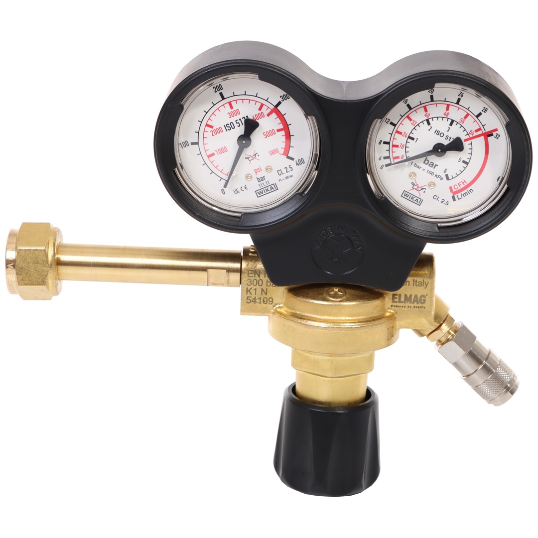 ELMAG Druckregler Argon/Co2/Mischgas, MAXY+QUICK FIT+HOSE CONNECTOR mit 2 Manometer Ø 50mm zu Multi Line Serie