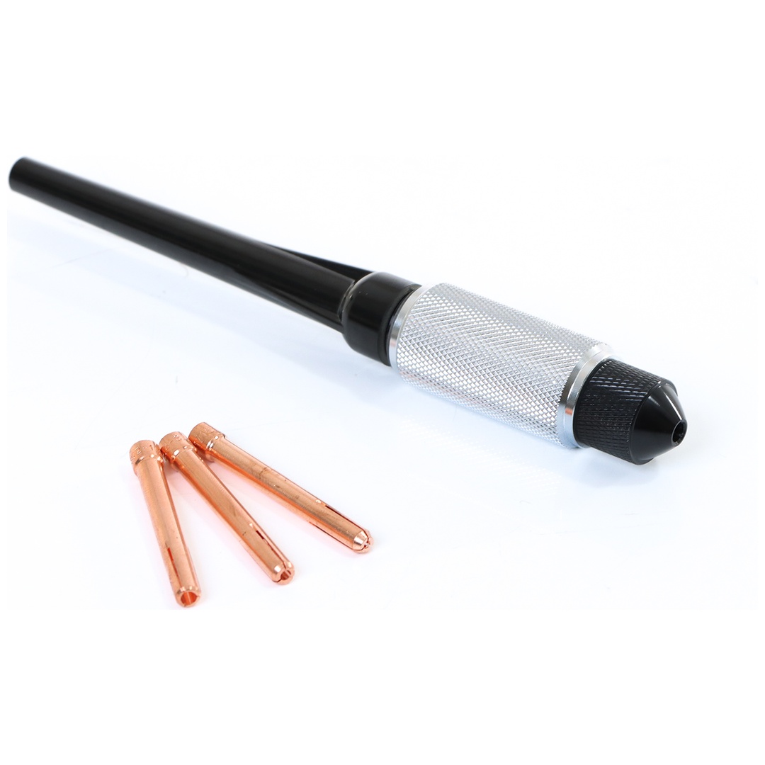 ELMAG Klemmhalter zum Anschleifen von Wolframelektroden max. L=175mm, inkl. Spannhülse 1,6/2,4/3,2 mm, L=50 mm (55630/55632/55633) sowie Brennerkappe