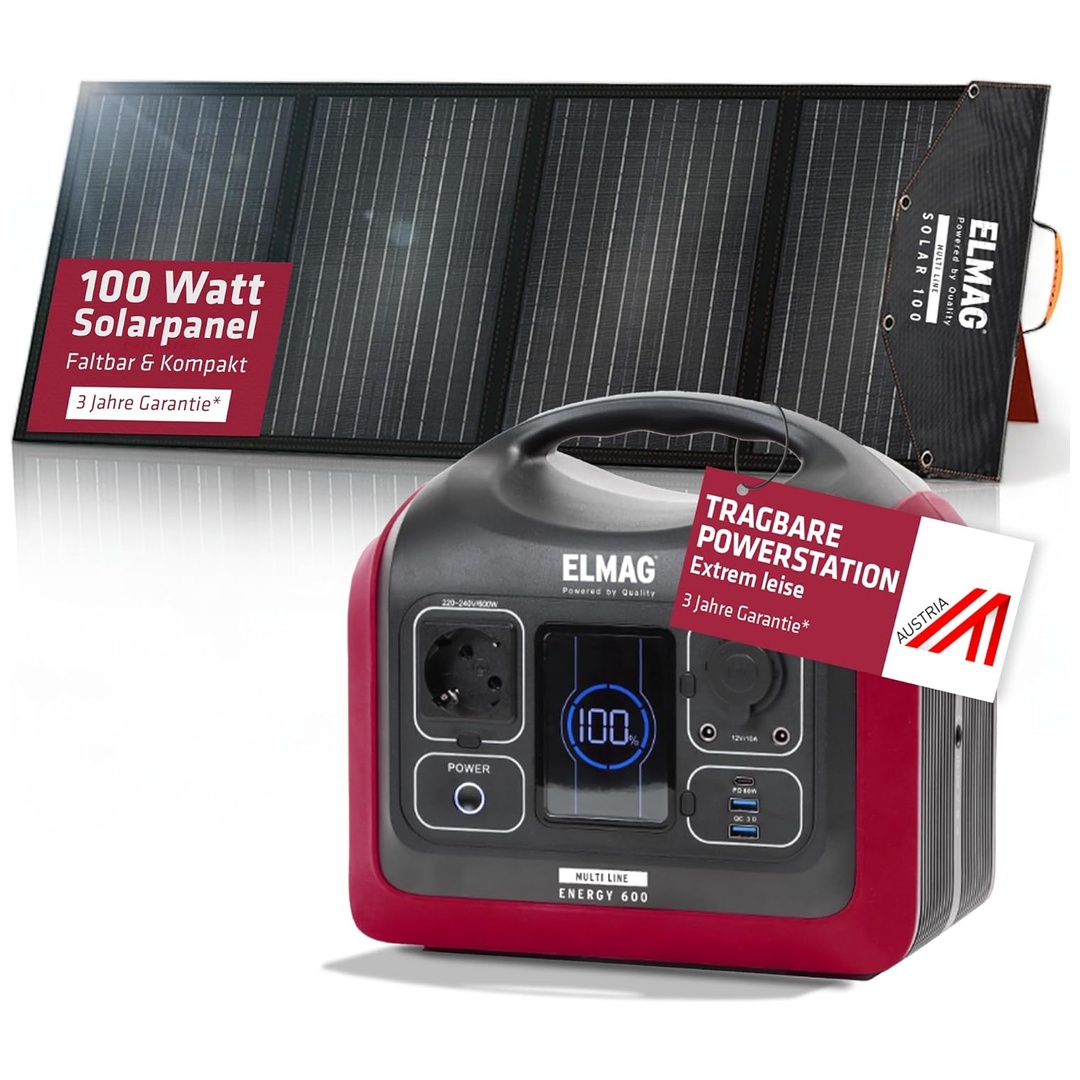 ELMAG Tragbares Solargenerator-Set ENERGY 600 + SOLAR 100, 600W, LiFEPO4 Akku, 595Wh, 100Wp PV-Panel