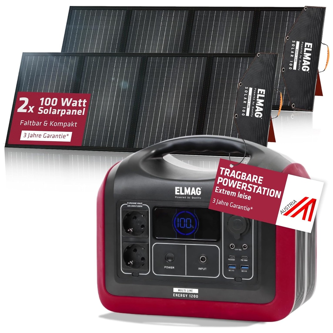 ELMAG Solargenerator-Set ENERGY 1200 + SOLAR 100 DUO 1200W, LiFEPO4 Akku, 992Wh, 2x100Wp PV-Panel