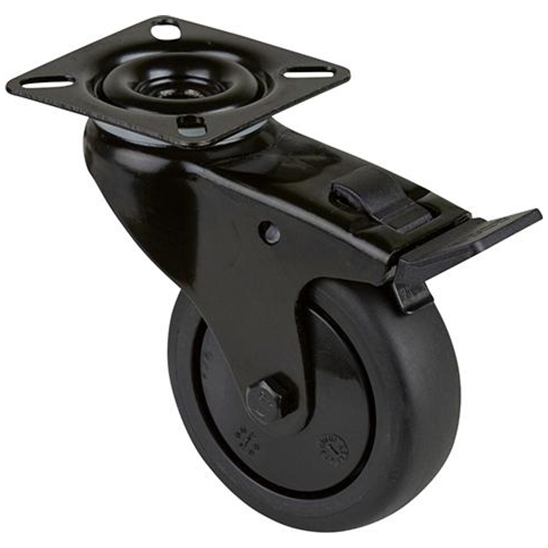 BS Rollen Lenkrolle mit Feststeller Rad-Ø 75 mm Tragfähigkeit 60 kg, mit Anschraubplatte mit Totalfeststeller, Gummi schwarz