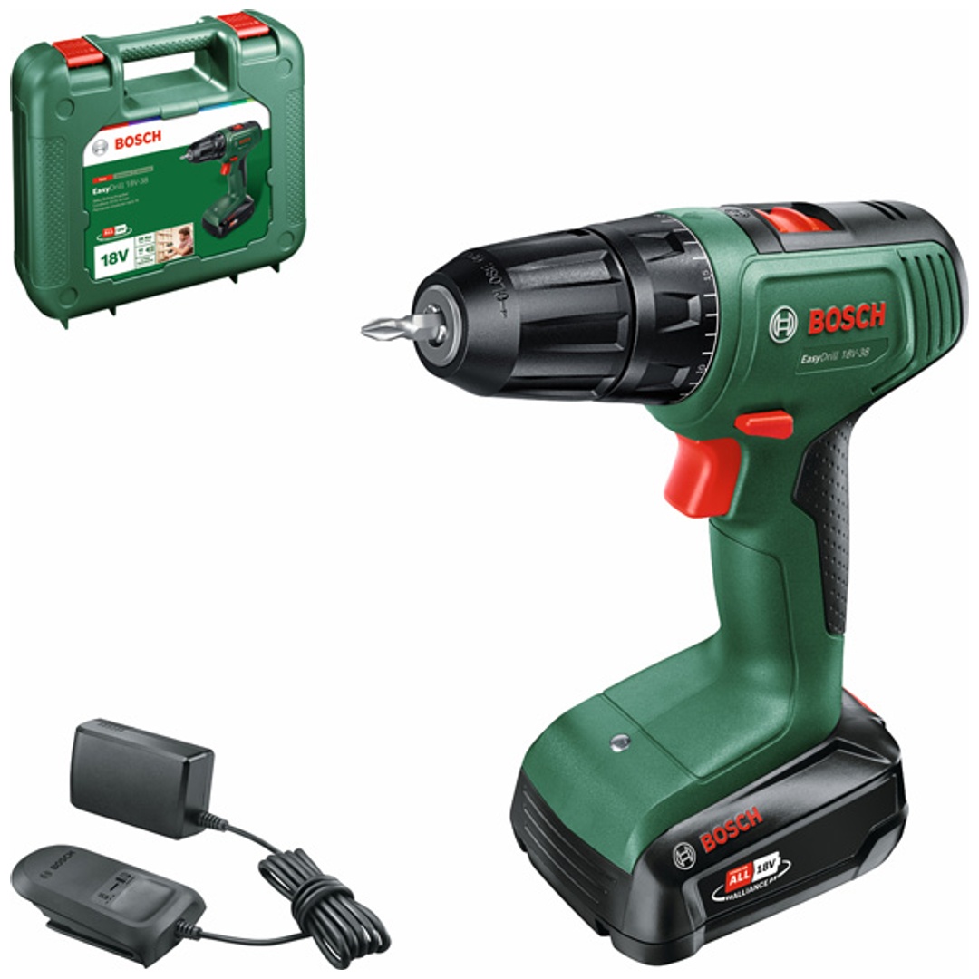 Bosch Akku-Bohrschrauber EasyDrill 18V-38, incl. 1x Akku PBA 1,5 Ah, Ladegerät, Zubehör, Tragekoffer