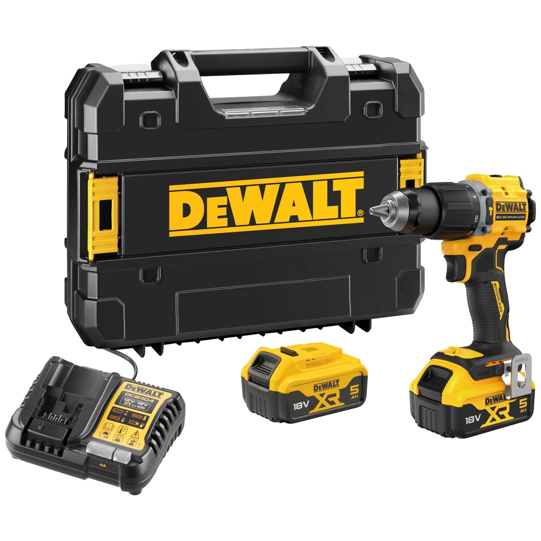 DeWalt Akku-Schlagbohrschrauber 18 V, 2-Gang (bürstenlos), incl. 2x Akku 5 Ah, Schnellladegerät, Zubehör, TSTAK-Box