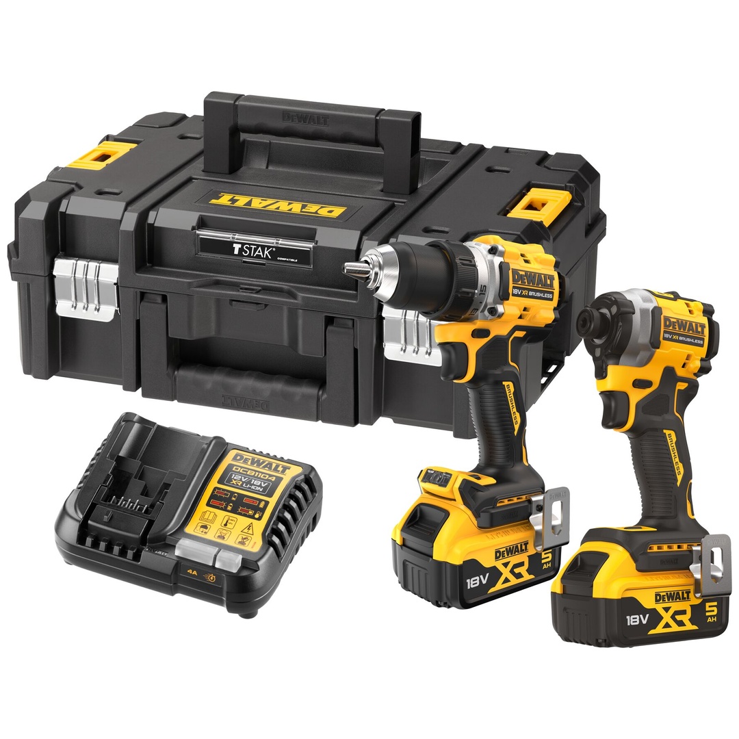 DeWalt 18 V XR Akku-Kombopack (bürstenlos) Akku-Bohrschrauber DCD800, Akku-Schlagschrauber DCF850 (1/4), 2x Akkus (18 V / 5,0 Ah)