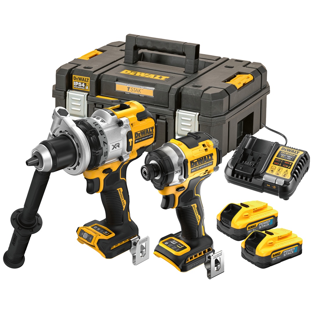 DeWalt 18 V XR Akku-Kombopack (bürstenlos) incl. Akku-Schlagbohrschrauber DCD1007, Akku-Schlagschrauber (1/4) DCF860, 2x Powerstack Akkus (18 V / 5 A