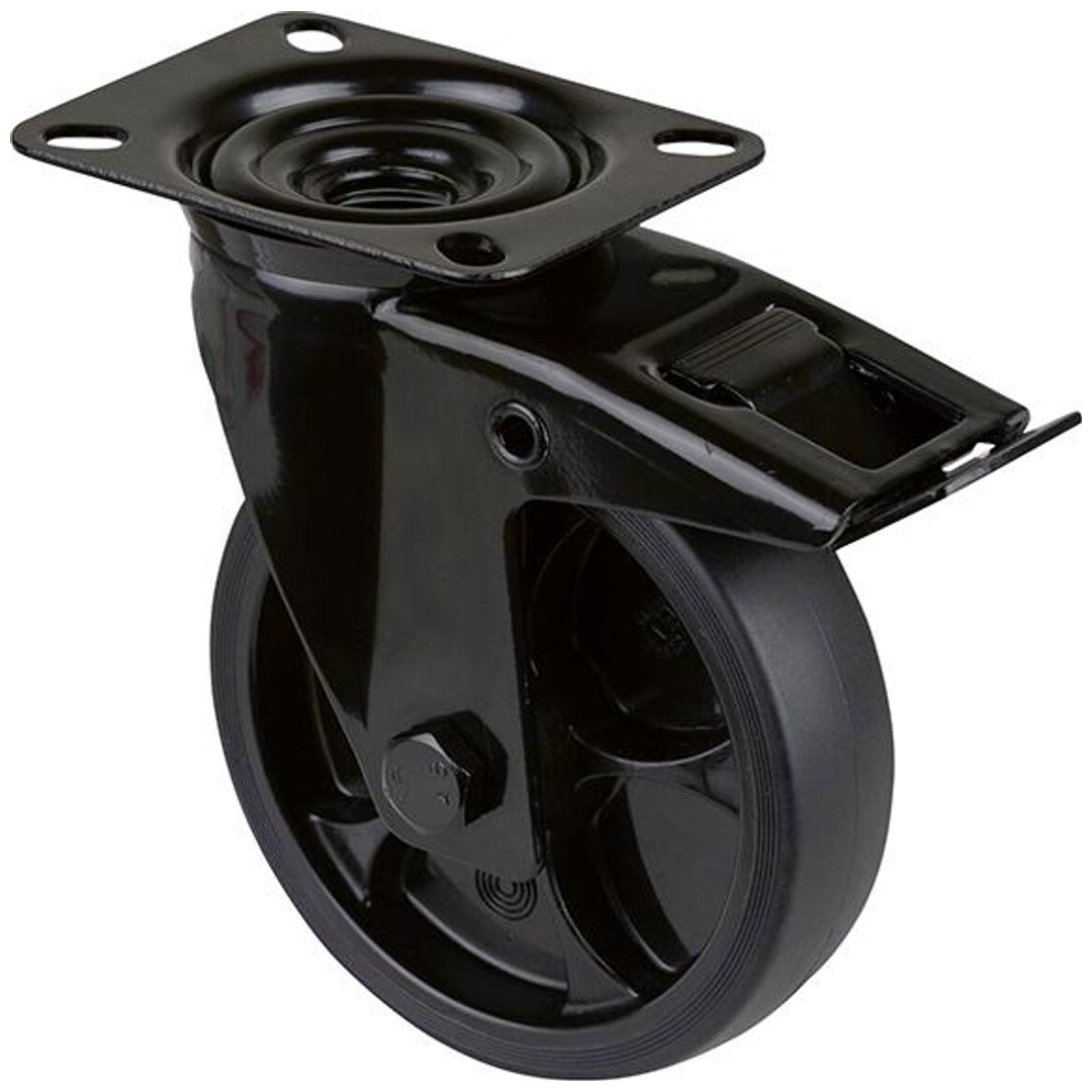 BS Rollen BS Transportrolle L820, Lenkolle mit Totalfeststeller, Rad-Ø 125 mm Tragfähigkeit 120 kg, mit Feststeller Gummi, 104x80mm schwarz