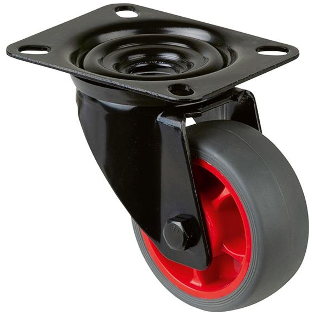 BS Rollen Transportrolle, Lenkrolle, Rad-Ø 80 mm, Tragf. 100 kg, Gummi grau, Bauhöhe 105 mm, Rollenlager