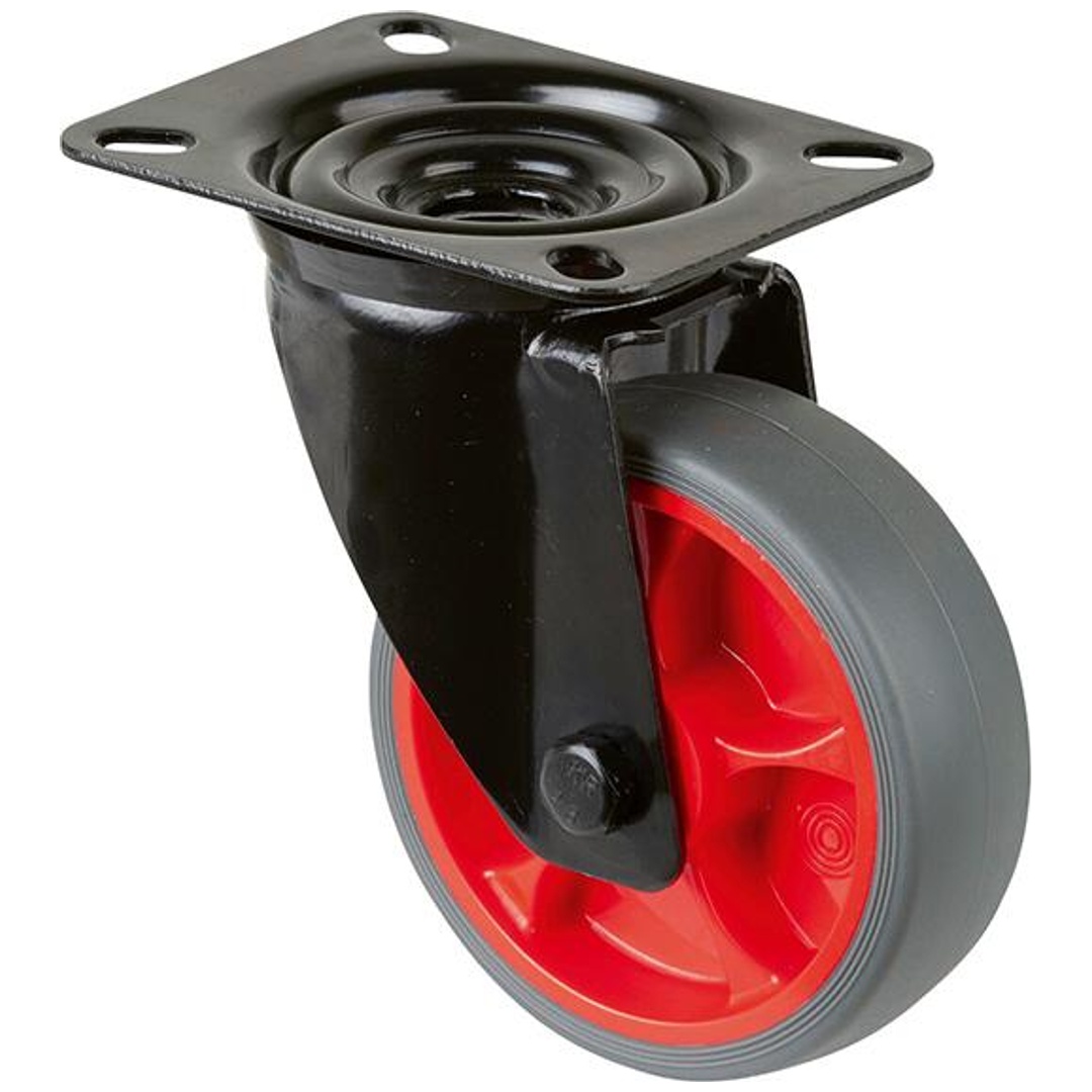 BS Rollen Transportrolle, Lenkrolle, Rad-Ø 100 mm, Tragf. 110 kg, Gummi grau, Bauhöhe 128 mm, Rollenlager