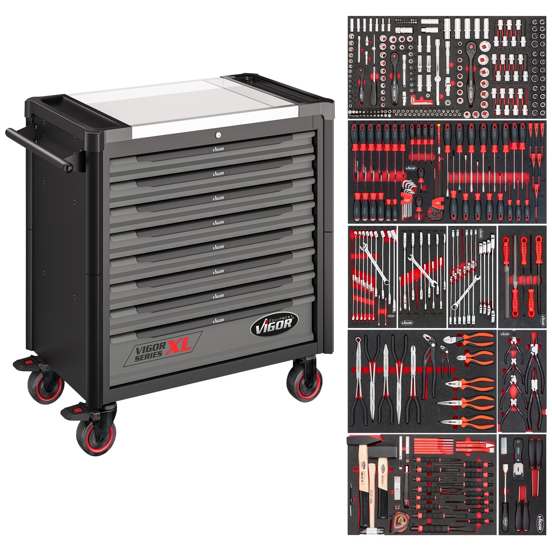VIGOR Werkstattwagen Series XXL, Edelstahl-Arbeitsplatte, mit Sortiment, 416-tlg.
