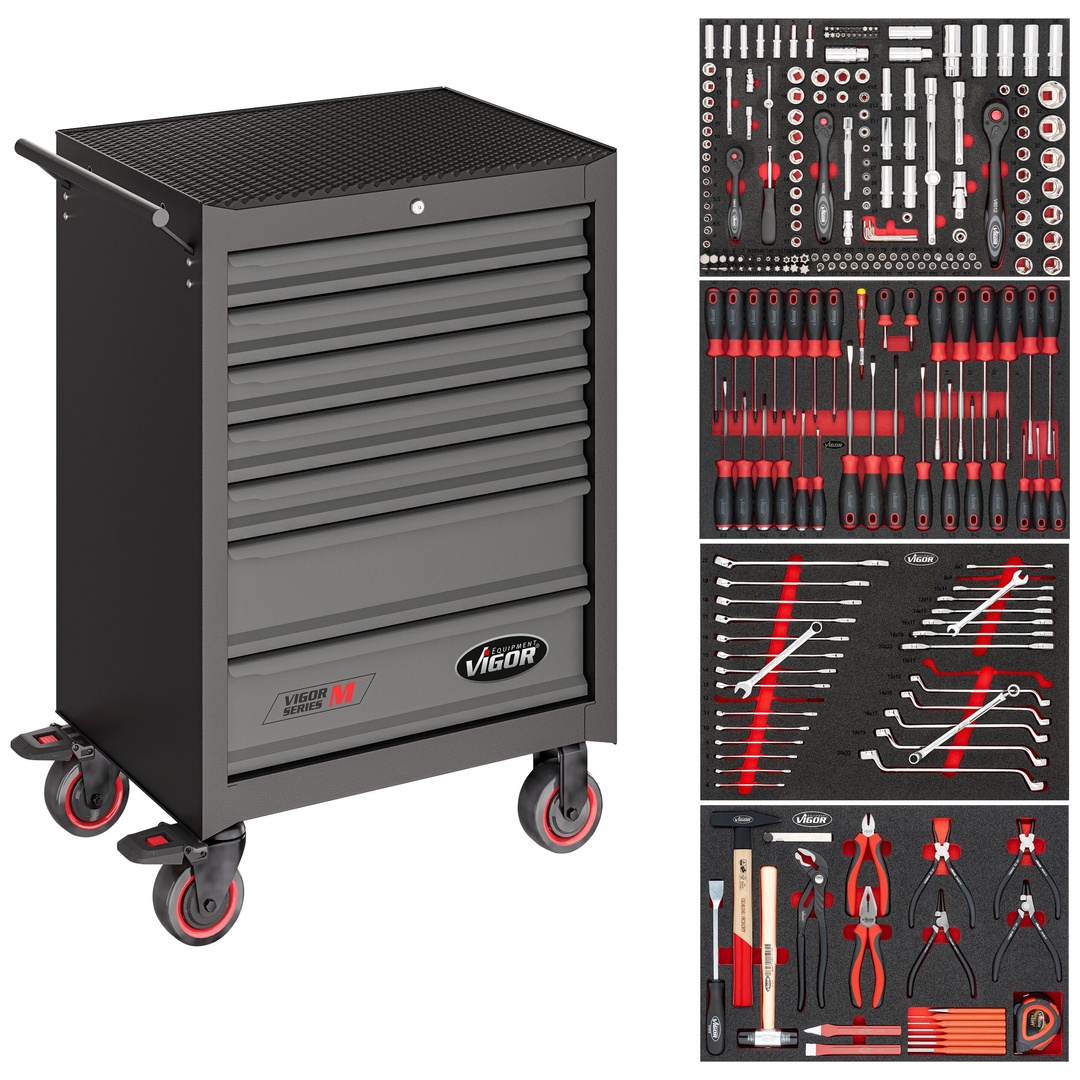 VIGOR Werkstattwagen Series M, mit Sortiment, 210-tlg., 7 Schubladen gesamt