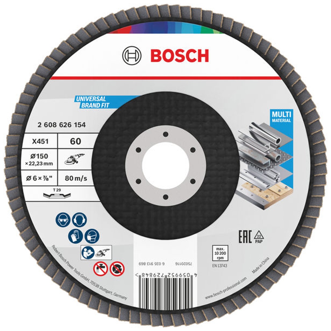 Bosch X451 Fächerschleifscheibe, 150 x 22,23 mm, K60, Z29, 15-tlg.