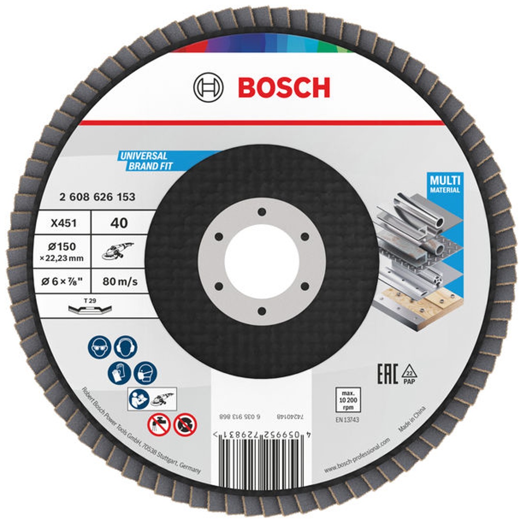 Bosch X451 Fächerschleifscheibe, 150 x 22,23 mm, K40, Z29, 15-tlg.
