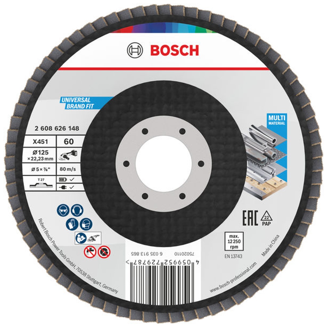 Bosch X451 Fächerschleifscheibe, 125 x 22,23 mm, K60, Z27, 15-tlg., Art.Nr. 2608626148