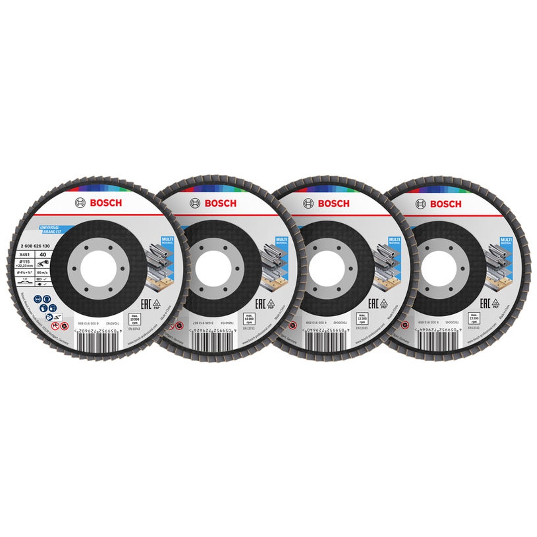 Bosch X451 Fächerschleifscheiben Set, 115 x 22,23 mm, K40/K60/K80/K120, Z27, 60-tlg.