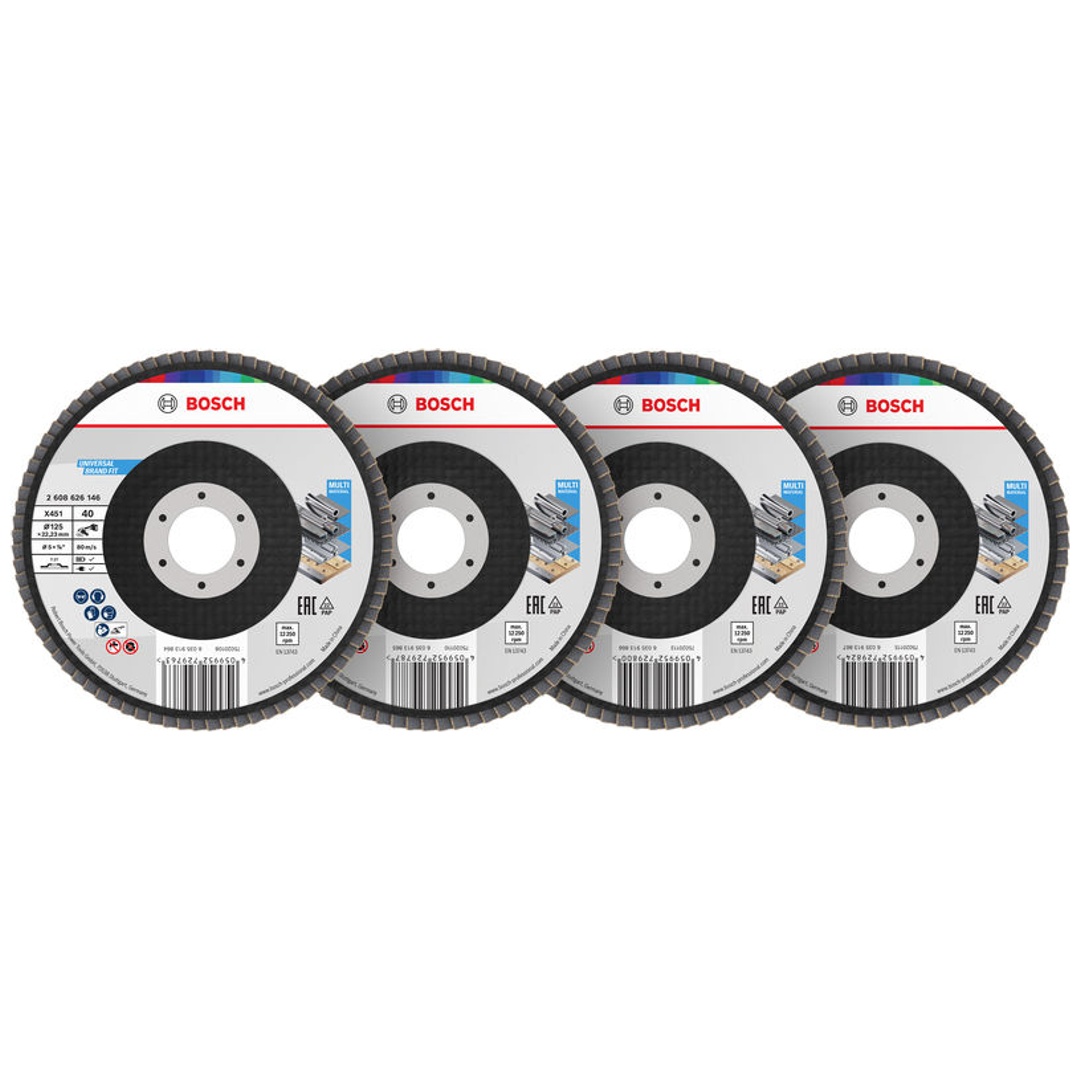 Bosch X451 Fächerschleifscheiben Set, 125 x 22,23 mm, K40/K60/K80/K120, Z27, 60-tlg.