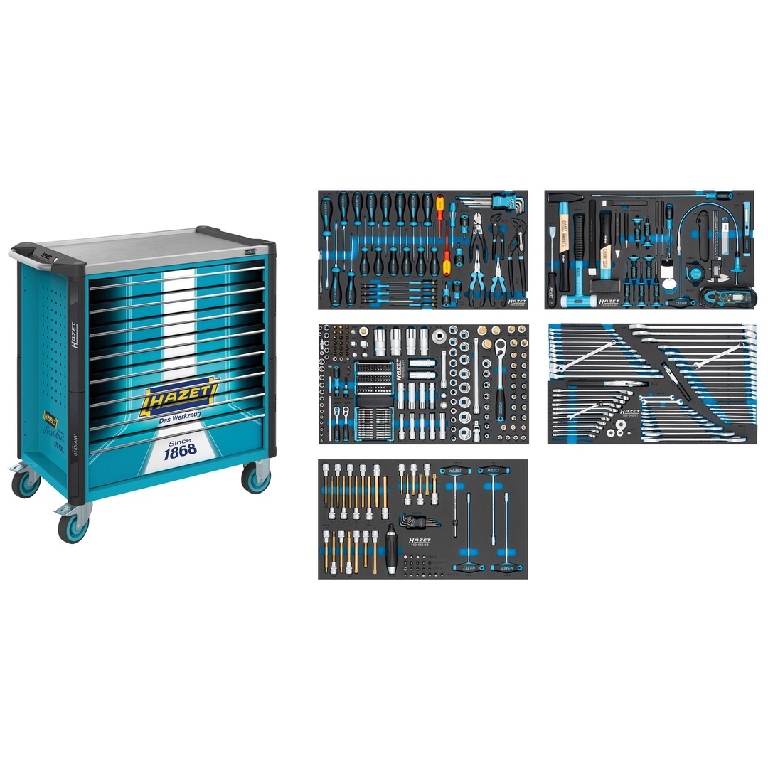 Hazet Werkstattwagen Assistent, 425-tlg., Schubladen, flach: 7× 81 x 696 x 398 mm, Schubladen, hoch: 1× 166 x 696 x 398 mm