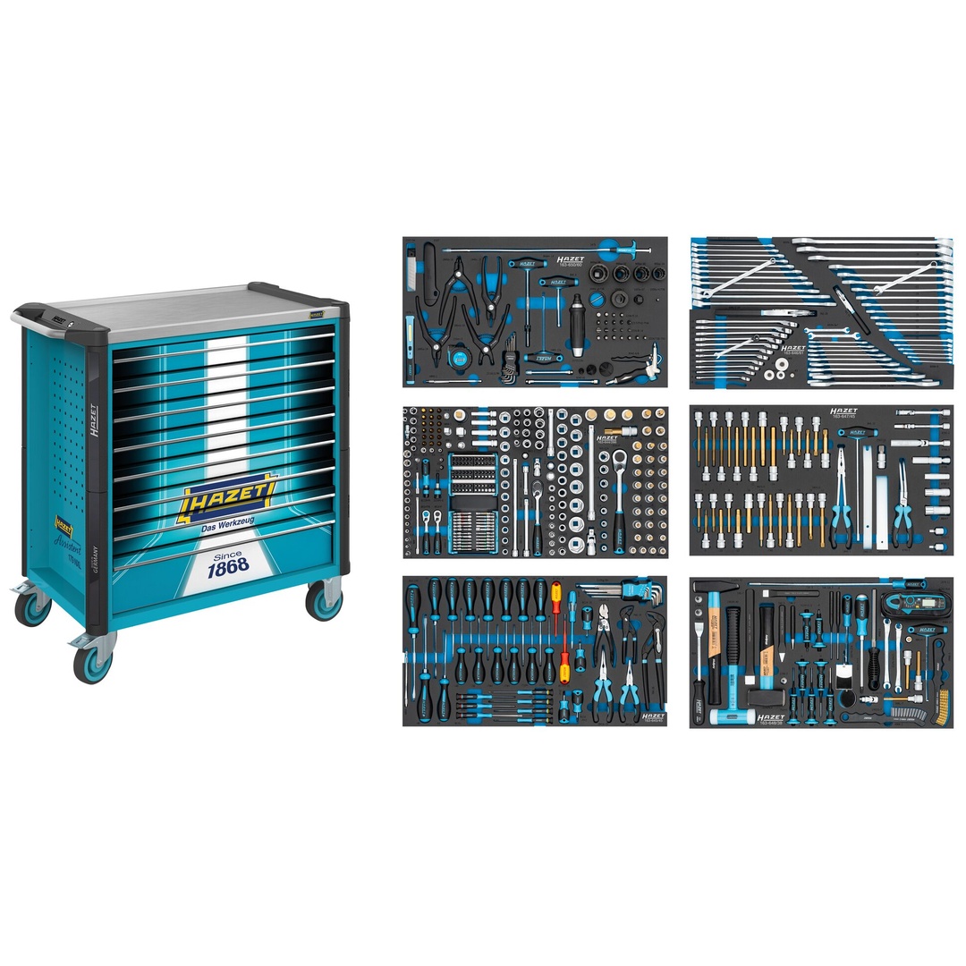 Hazet Werkstattwagen Assistent, 515-tlg., Schubladen, flach: 7× 81 x 696 x 398 mm, Schubladen, hoch: 1× 166 x 696 x 398 mm