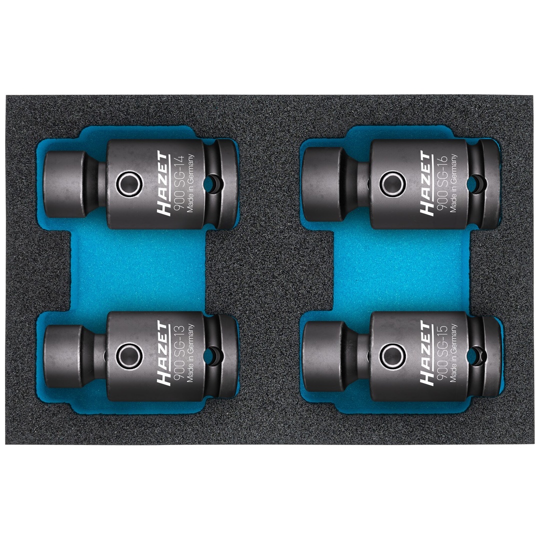 Hazet Schlag-Maschinenschrauber Steckschlüssel Satz, Gelenk 900SG-1316/4, 1/2 (12,5 mm) Vierkant hohl, Außen Sechskant-Tractionsprofil, 4-tlg., 13 -