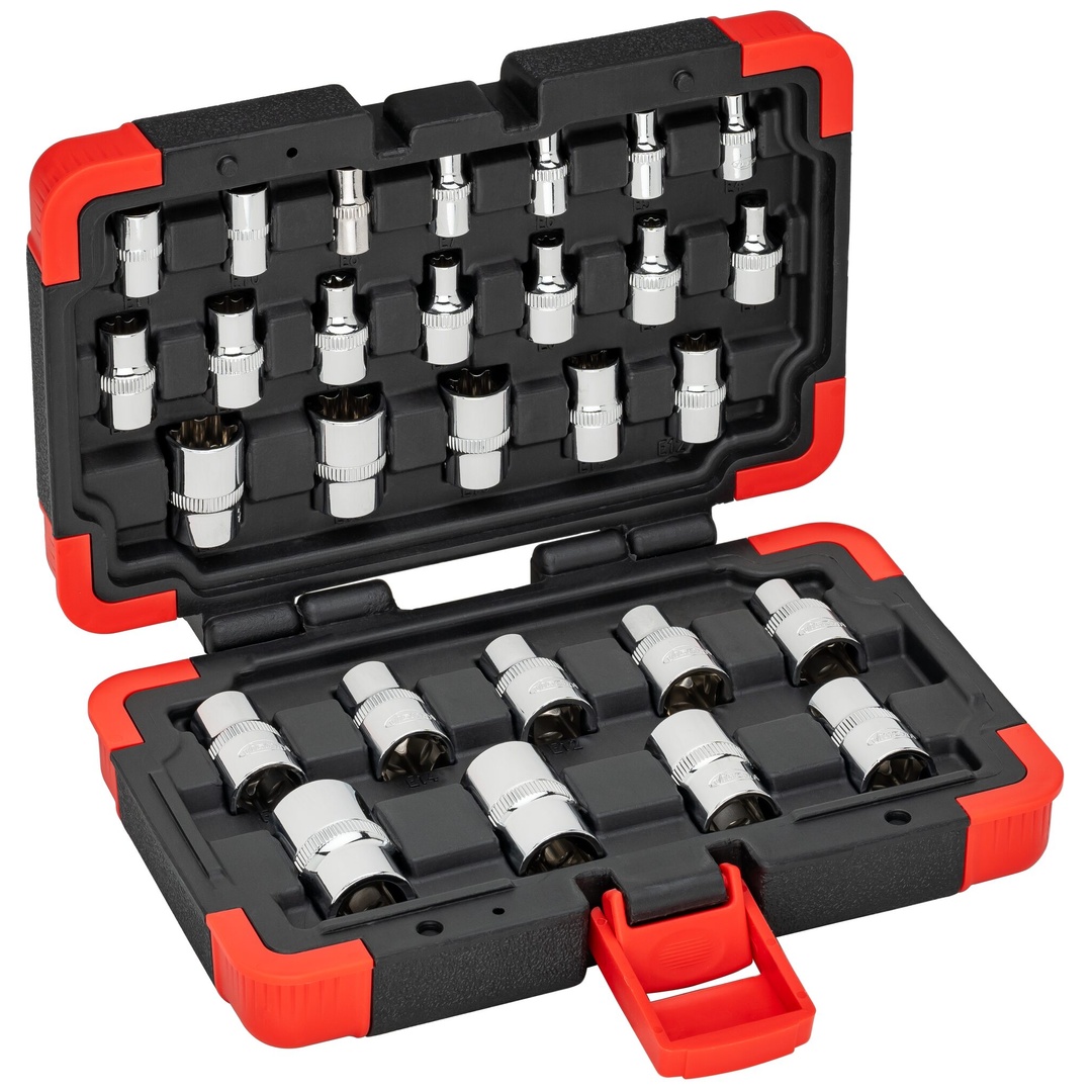 VIGOR Steckschlüsseleinsatz Satz, 1/4 (6,3 mm) Vierkant hohl, 3/8 (10 mm) Vierkant hohl, 1/2 (12,5 mm) Vierkant hohl, 28-tlg., E4 - E24, Anzahl Wer