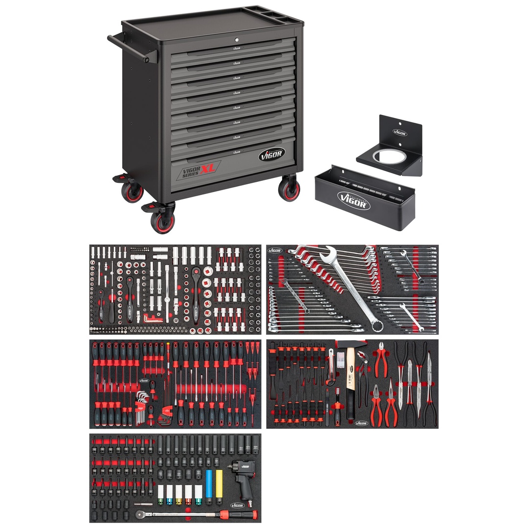VIGOR Werkstattwagen Series XL, Kunststoff-Arbeitsplatte, mit Sortiment, 466-tlg., Anzahl Werkzeuge: 466