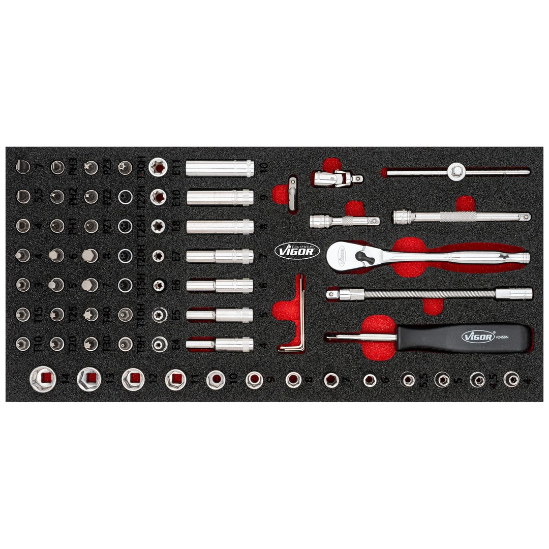 VIGOR Steckschlüssel Werkzeug Satz, 67-tlg., 0,8 x 4 - 1,2 x 7 mm, 3 - 14 mm, E4 - E11, PH1 - PH3, PZ1 - PZ3, T9H - T30H, T10 - T40, Anzahl Werkzeuge: