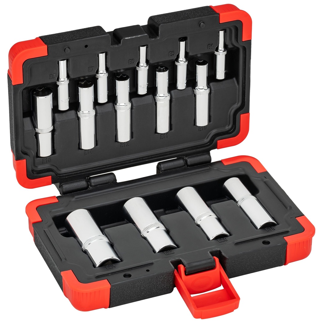 VIGOR Steckschlüsseleinsatz Satz, 1/4 (6,3 mm) Vierkant hohl, 3/8 (10 mm) Vierkant hohl, 1/2 (12,5 mm) Vierkant hohl, Außen TX Profil, 14-tlg., E4