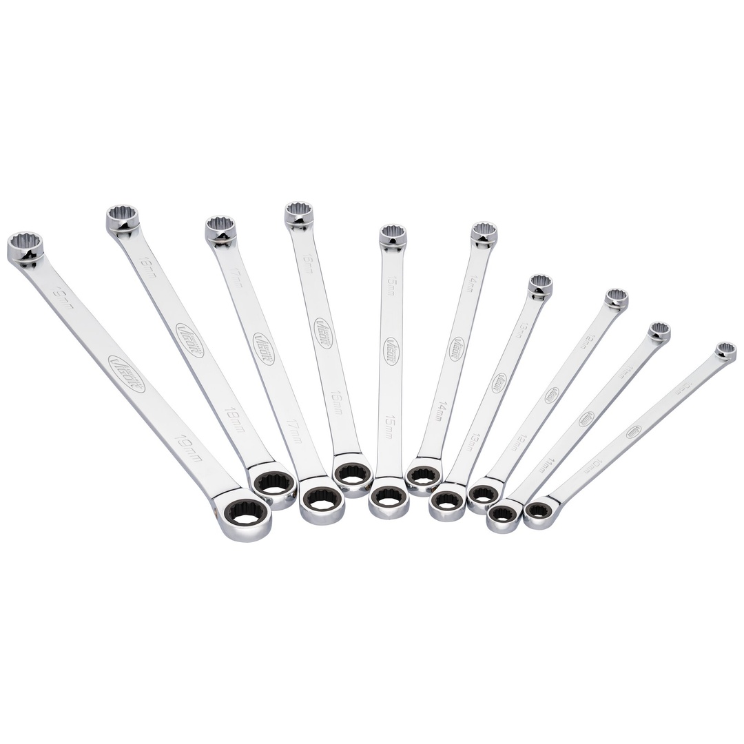 VIGOR Ratschen-Ringschlüssel Satz, extra lang, 10-tlg., 10 - 19 mm, Anzahl Werkzeuge: 10