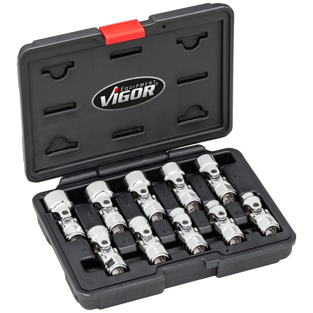 VIGOR Gelenksteckschlüssel Satz, 3/8 (10 mm) Vierkant hohl, Außen Doppelsechskant Profil, 10-tlg., 10 - 19 mm, Anzahl Werkzeuge: 10