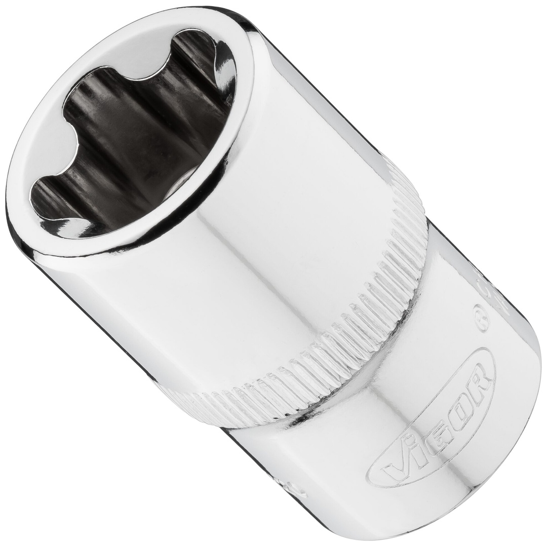 VIGOR Steckschlüsseleinsatz, 1/2 (12,5 mm) Vierkant hohl, Außenprofil mit 5 abgerundeten Flanken (TX-ähnlich), SW E20+