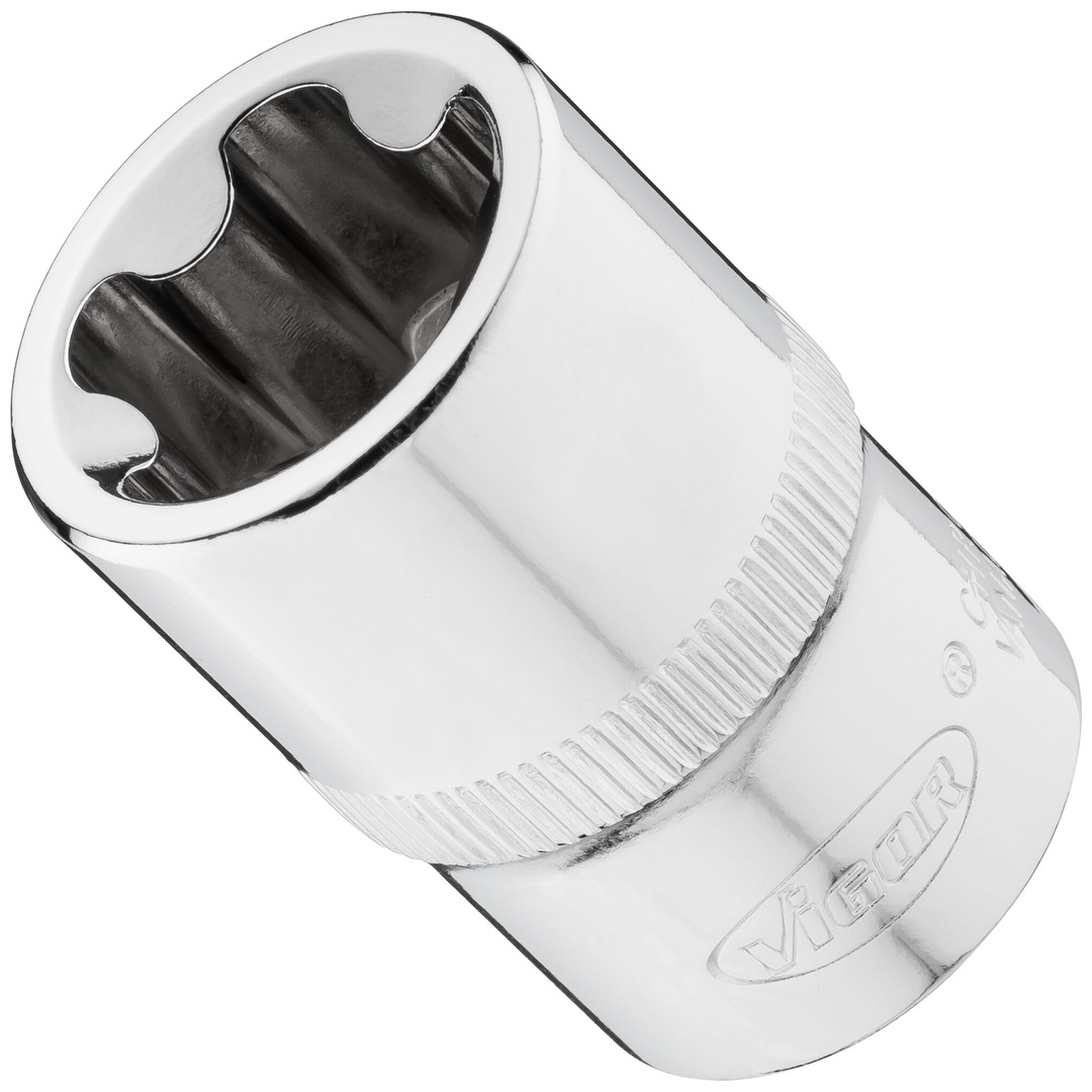 VIGOR Steckschlüsseleinsatz, 1/2 (12,5 mm) Vierkant hohl, Außenprofil mit 5 abgerundeten Flanken (TX-ähnlich), SW E22+