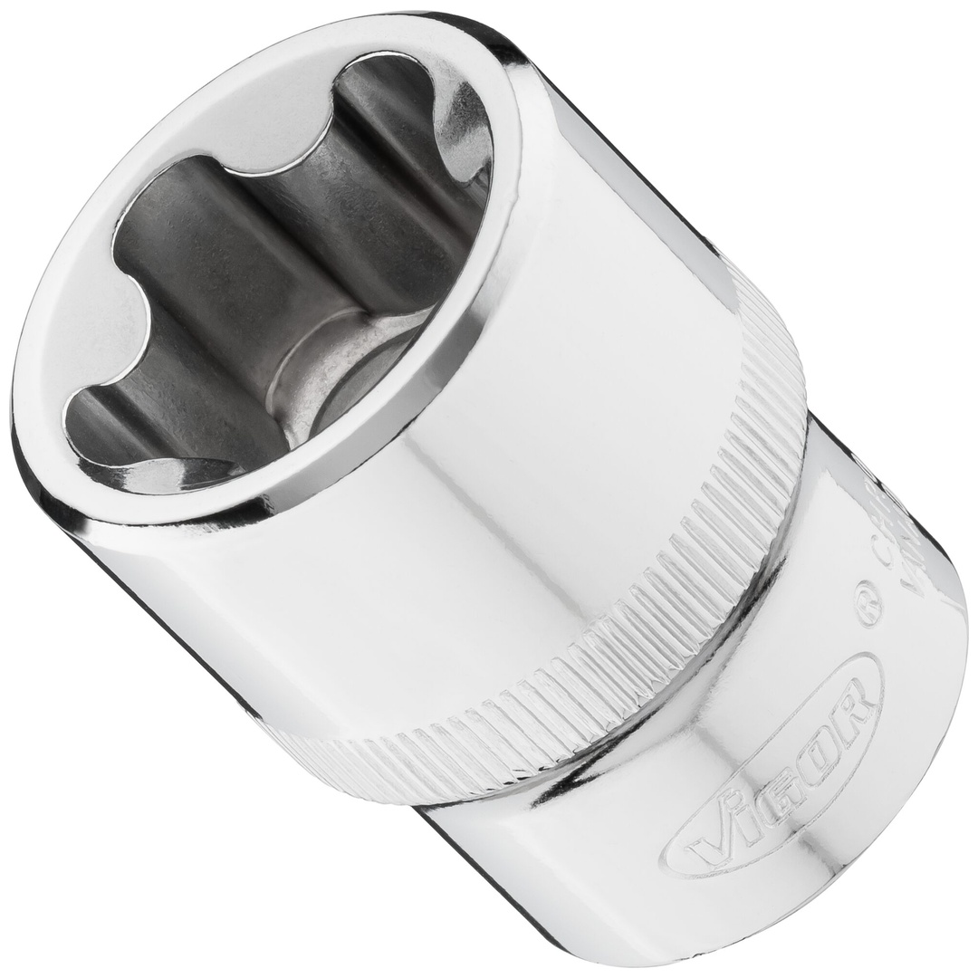 VIGOR Steckschlüsseleinsatz, 1/2 (12,5 mm) Vierkant hohl, Außenprofil mit 5 abgerundeten Flanken (TX-ähnlich), SW E26+