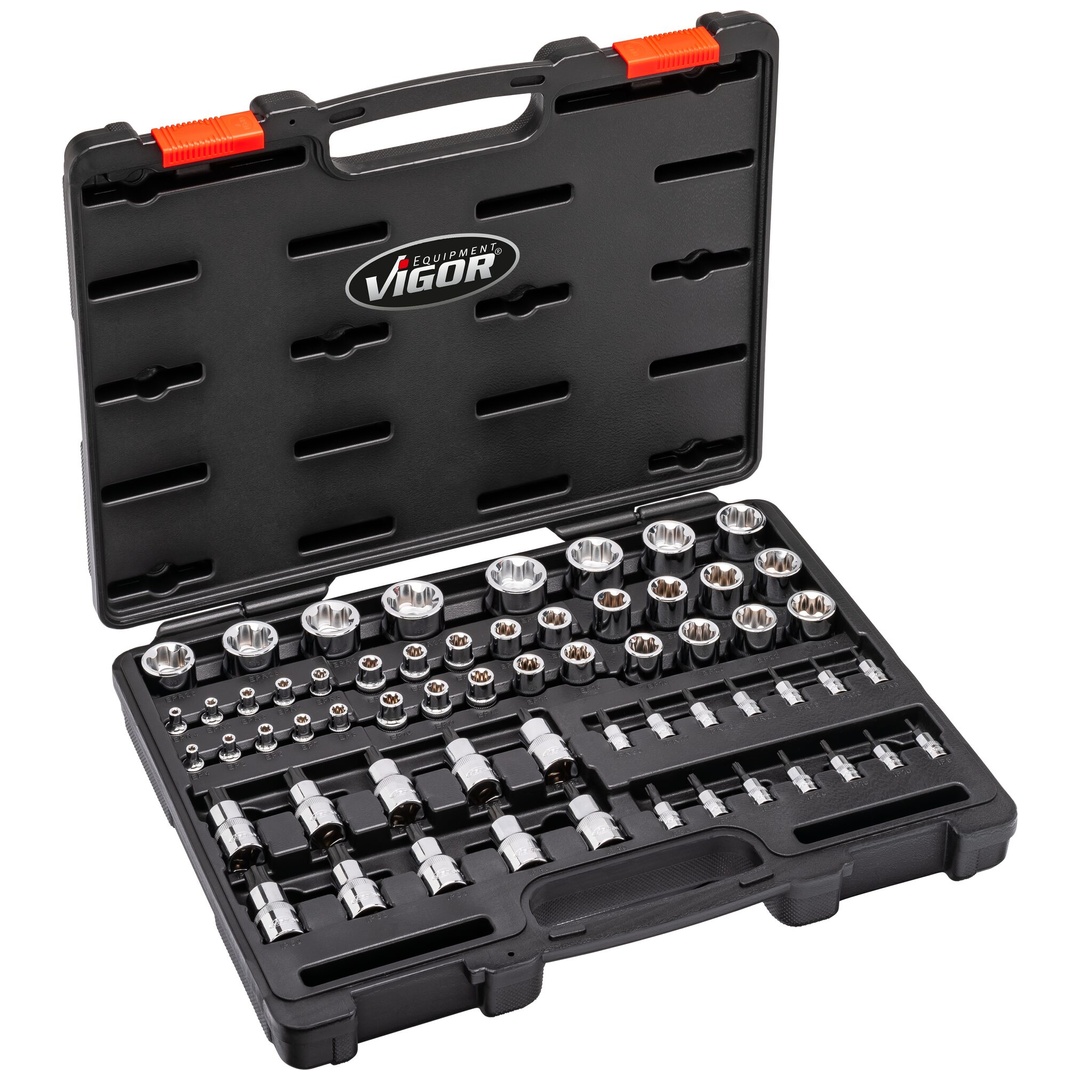 VIGOR Steckschlüsseleinsatz Satz, 1/4 (6,3 mm) Vierkant hohl, 3/8 (10 mm) Vierkant hohl, 1/2 (12,5 mm) Vierkant hohl, Außen TX Plus Profil, Innen T