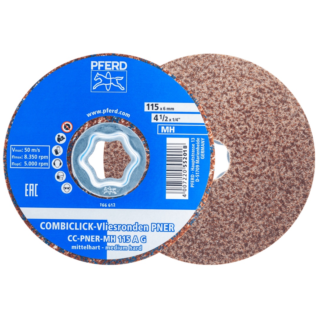 PFERD TOOLS COMBICLICK verpresste Vliesronde CC PNER Ø 115 mm Mittelhart A Grob für Finish