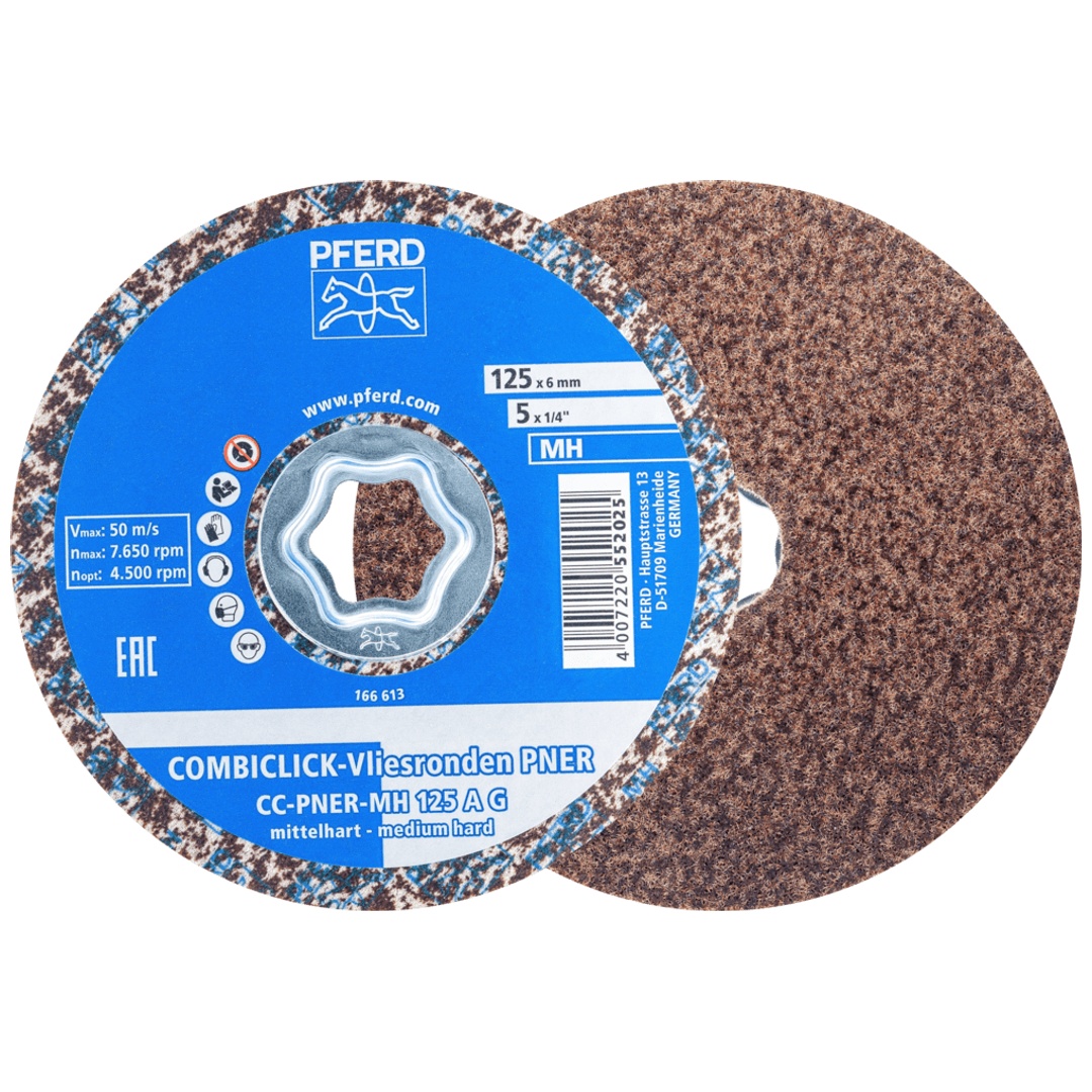 PFERD TOOLS COMBICLICK verpresste Vliesronde CC PNER Ø 125 mm Mittelhart A Grob für Finish