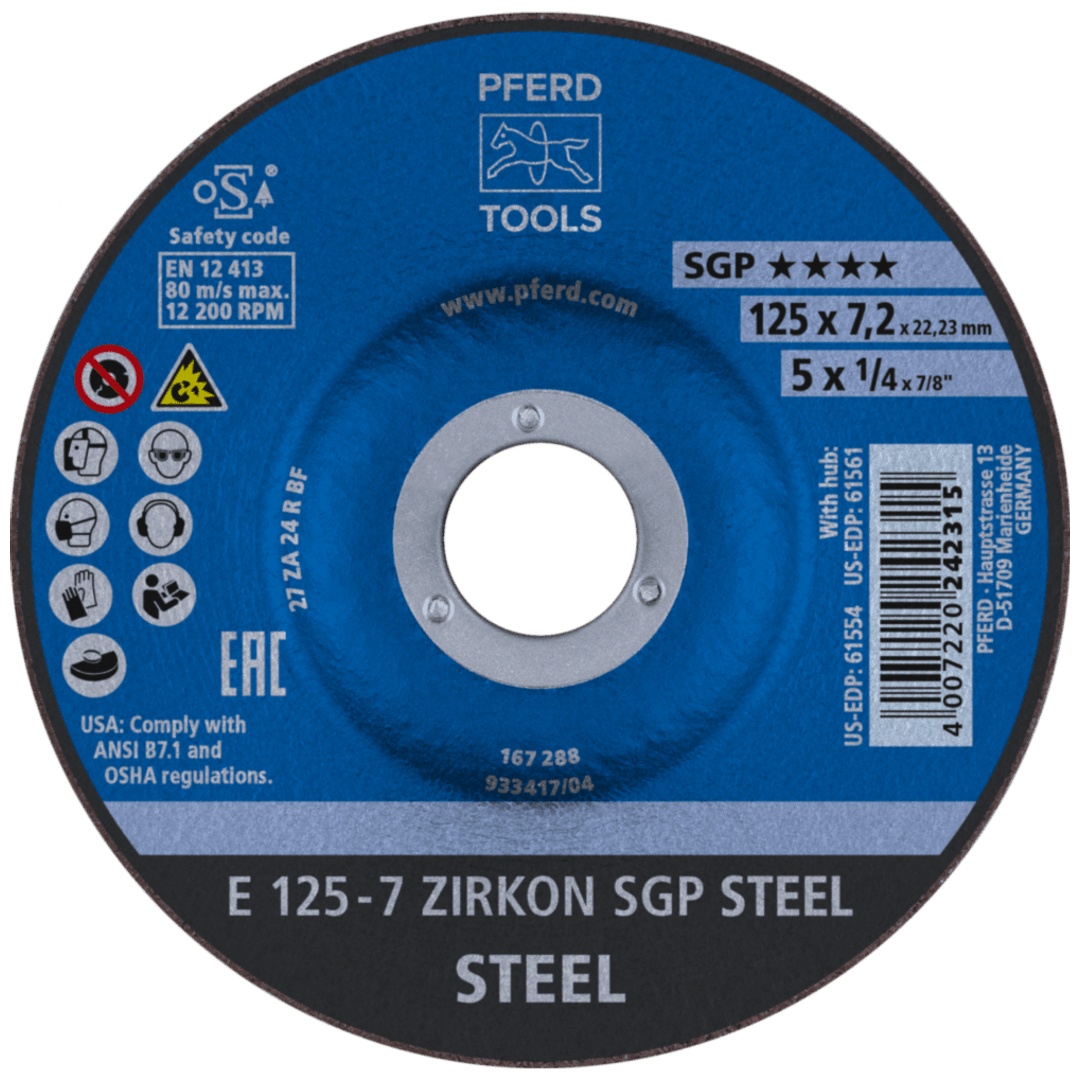 PFERD TOOLS Schruppscheibe E 125x7,2x22,23 mm ZIRKON Speziallinie SGP STEEL für Stahl