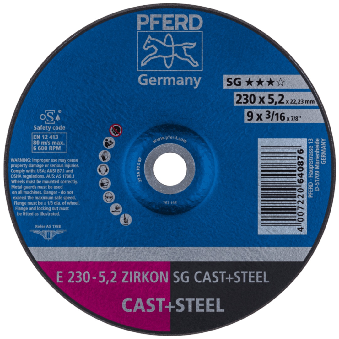 PFERD TOOLS Schruppscheibe E 230x5,2x22,23 mm ZIRKON Leistungslinie SG CAST+STEEL für Guss/Stahl