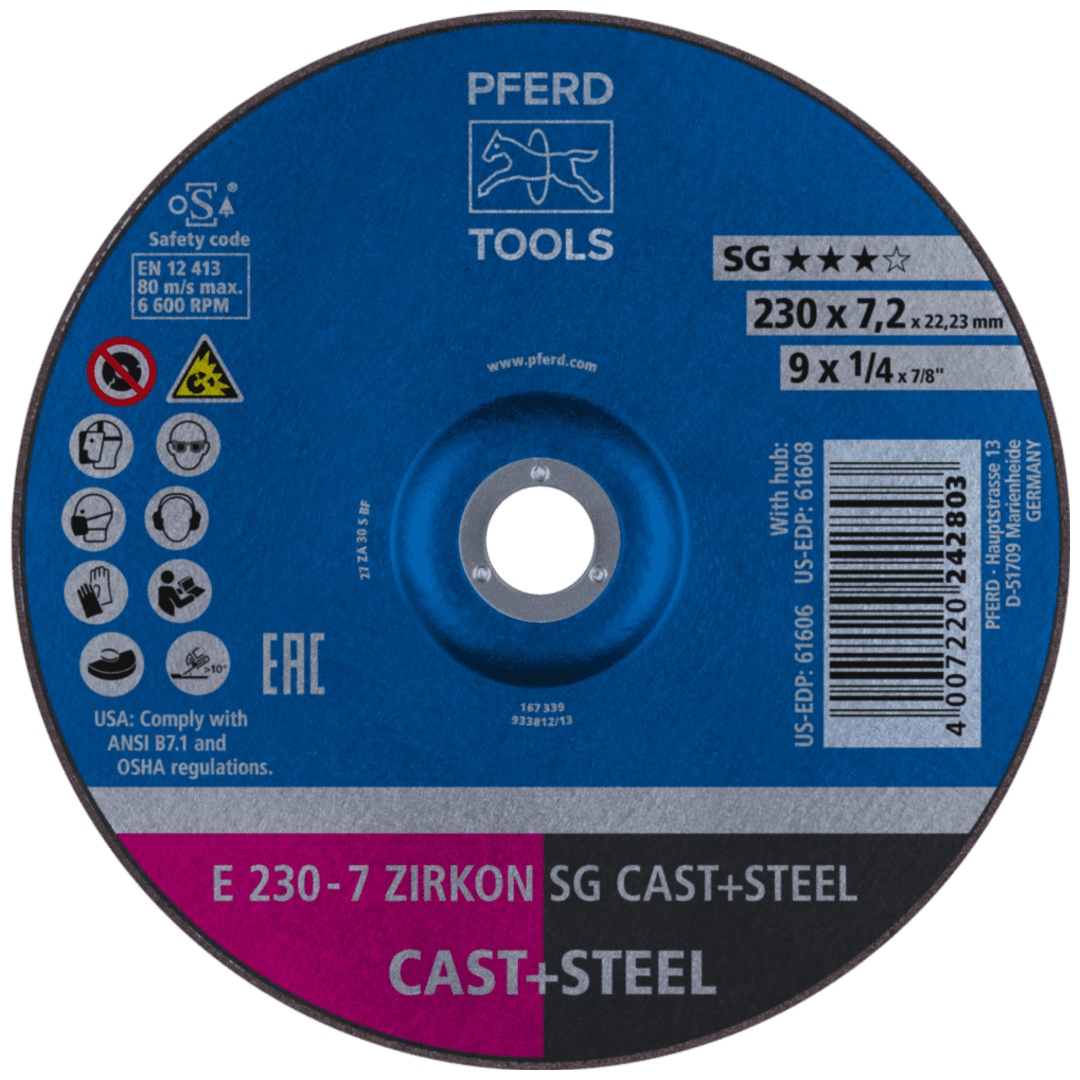 PFERD TOOLS Schruppscheibe E 230x7,2x22,23 mm ZIRKON Leistungslinie SG CAST+STEEL für Guss/Stahl
