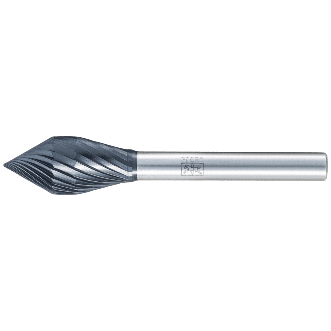 PFERD TOOLS Hartmetall Hochleistungsfrässtift Zahnung 3 KZW Ø12x25mm Sch.-Ø 6mm HICOAT besch. Spezialform für Anfas-/Entgratarbeiten im Robotereinsatz