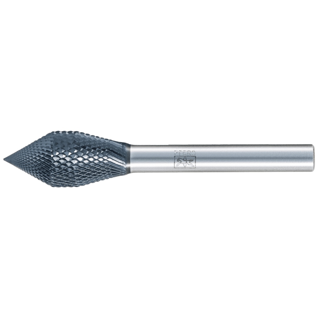 PFERD TOOLS Hartmetall Hochleistungsfrässtift MICRO KZW Ø 12x25 mm Schaft-Ø 6mm HICOAT besch. Spezialform für Anfas-/Entgratarbeiten im Robotereinsatz